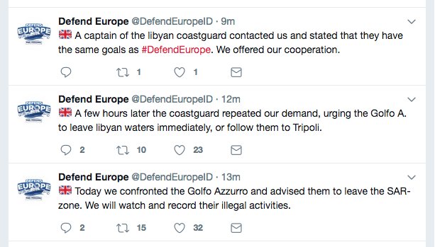 Anti-migrant organisation @DefendEuropeID says it has worked with Libyan coastguard today against Spanish @openarms_fund ship Golf Azzurro.  