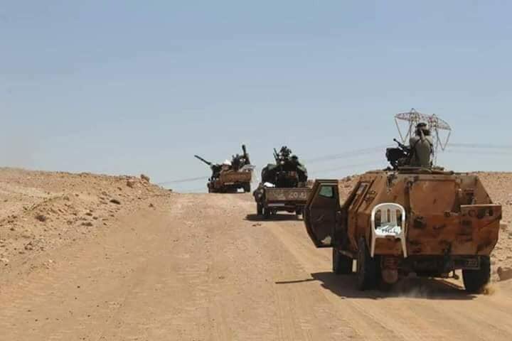 Libya- LNA 120th Bn. (special operations) conducting patrol in the Oil Crescent region.  Note the quick deployment plastic chair mounted on the back of the Nimr II.   