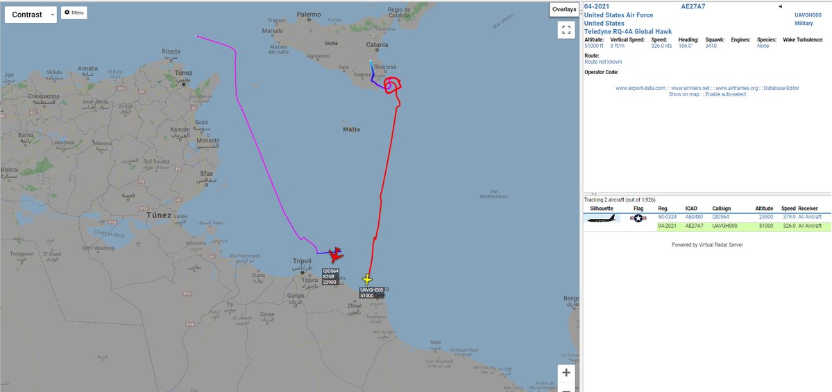 Ongoing USAF Operation over Lybia USAF RQ4 Global Hawk  AE27A7 off the coast of Misrata USAF KC135R QUID564 orbiting nearr Tripoli   