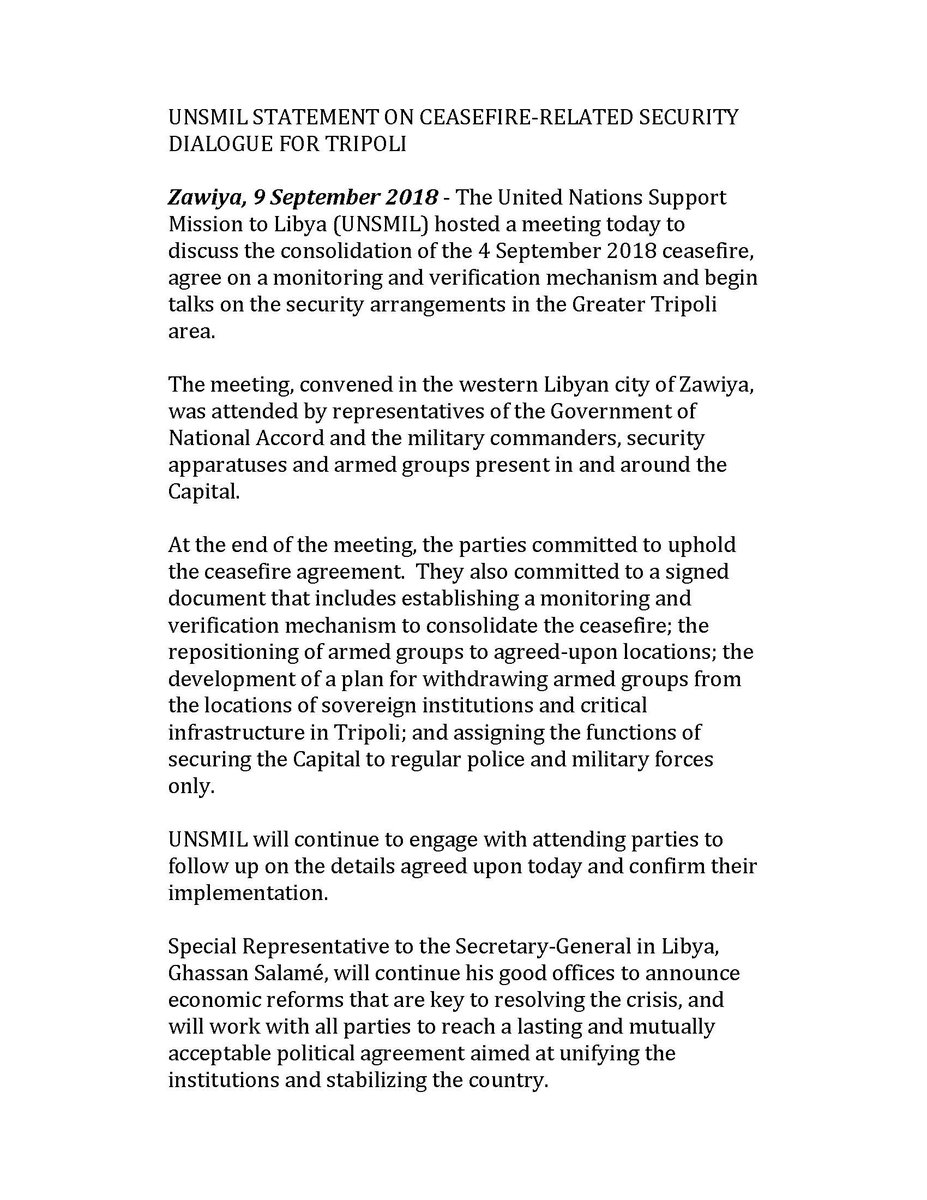 UNSMIL Statement on Ceasefire-Related Security Dialogue for Tripoli