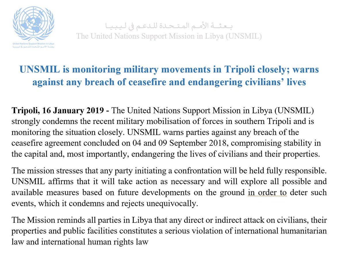 Statement by the UN mission to Libya about today's violence in southern Tripoli.   