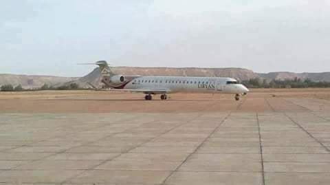 Libya- photos purportedly showing aircraft heading to al-Feel Oil Field's Airfield that was intercepted by LAF MiG-23 for violating no-fly zone, forced to land at Tamanhint AB.   According to LNA, aircraft was carrying a medical team dispatched by GNA to treat combat casualties   