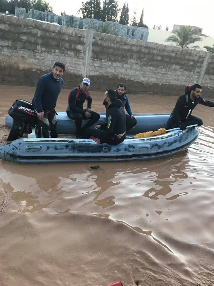 Heavy rain causes flooding in Wadi Rabea district in southern Tripoli. Several trapped families were rescued by the National Safety Department 