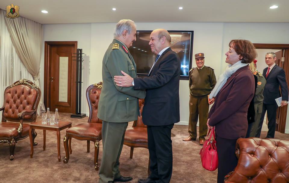 Libya- Foreign Ministry of France Jean-Yves Le Drian and his delegation meeting with Haftar at the LNA HQ in al-Rajma   