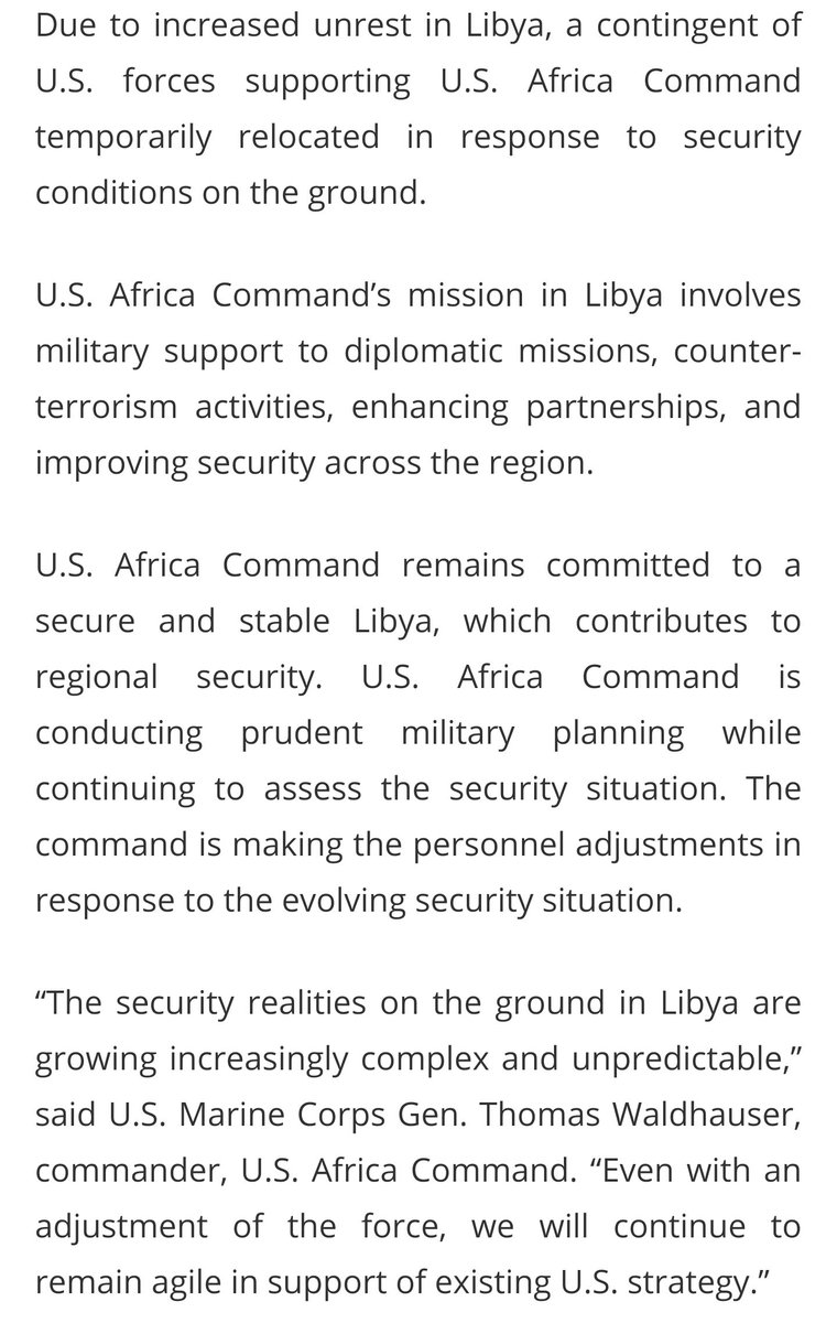 Statement from US Africa Command:  Due to increased unrest in Libya, a contingent of U.S. forces supporting U.S. Africa Command temporarily relocated in response to security conditions on the ground.   
