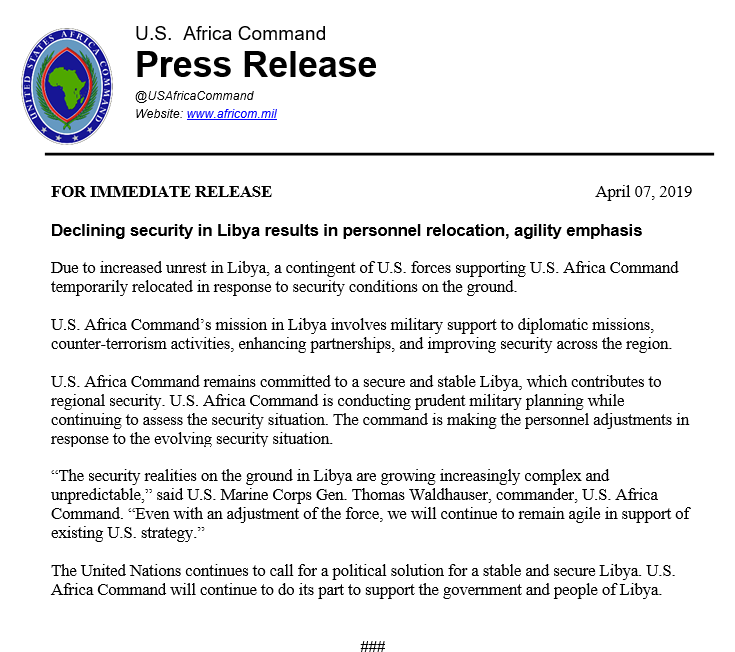 US AFRICOM: Declining security in Libya results in personnel relocation, agility emphasis     