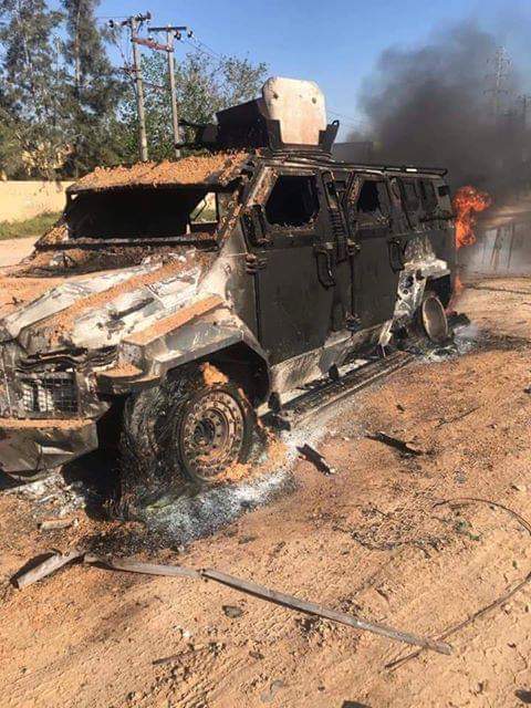 Military vehicles of Haftar's forces hit by airstrike in Wadi Rabea outside Tripoli Libya   