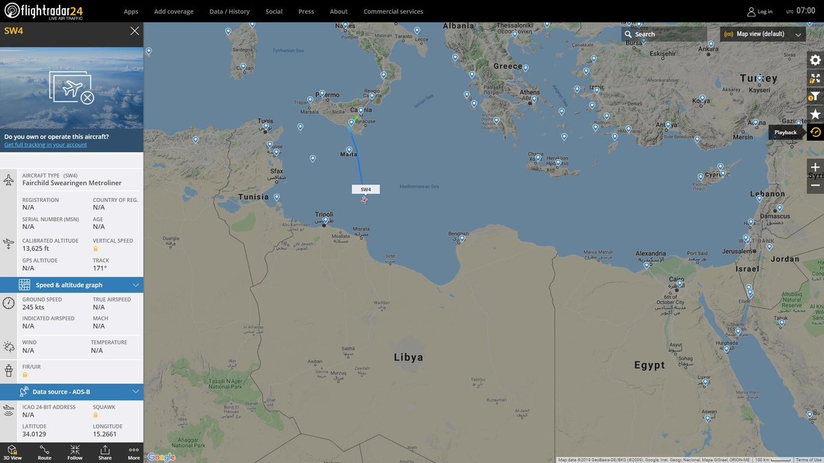 French spy plane ISR CAE Aviation Swearingen Metroliner N919CK heading Misrata Libya   