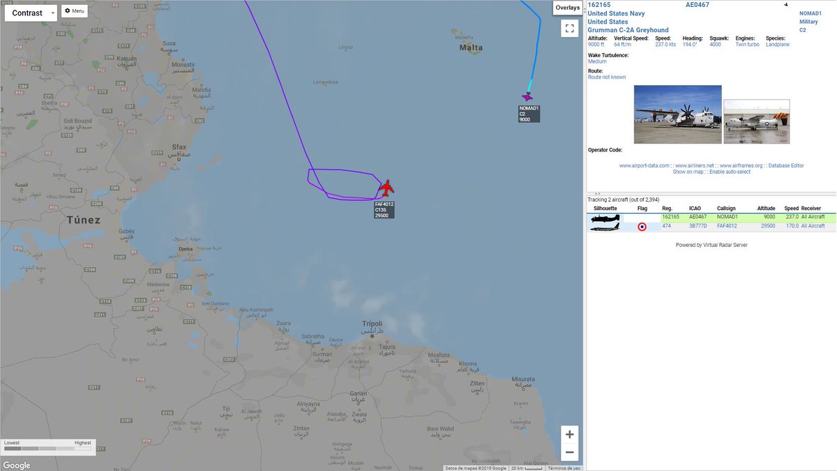 French Air Force C-135FR FAF4012 refueling pattern off the coast of Tripoli Libya. NATO AWACS NATO06 seems that it is heading towards the same area   
