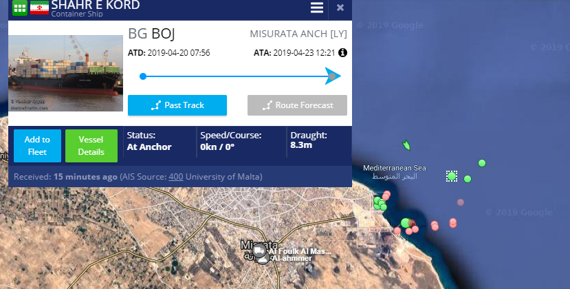 The Iranian ship Shahr e Kord is currently in the coastline of Misrata arrived from Burgas, Bulgaria. Seems they are waiting something. Recently, Haftar`s forces spox said that LNA will make sure of the cargo being unloaded.   