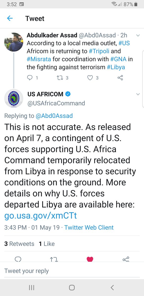 USAfricom denies news reported by local media about its forces returning to Libyan cities of Tripoli and Misrata   