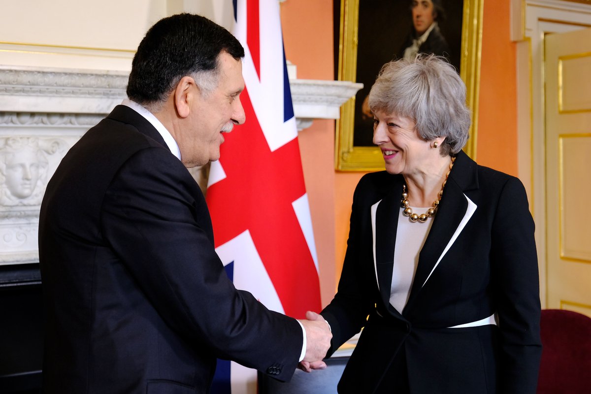PM @Theresa_May met Libyan PM Serraj at Downing Street. She expressed her concern about the ongoing conflict in Libya and encouraged progress towards a ceasefire.   