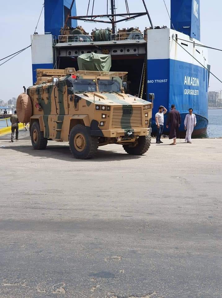 More photos for the arrival of armed vehicles from Turkey to Libya  the ship (Amazon GIURGIULESTI). They arrived at the port of Tripoli coming from the port of Samsun in Turkey.  Source: Pro-GNA FB accounts   