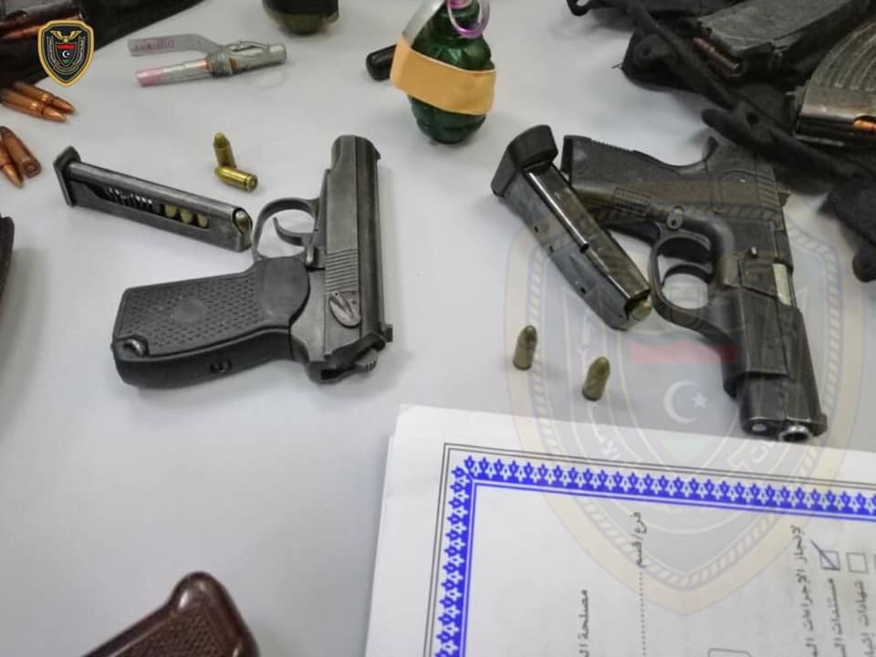Libya GNA security forces arrested three suspected AQ members in the outskirts of Tripoli.  They seized one AKMS, two AKMs (could be Romian), Libyan made Makarov, 9mm pistol, two F1, one RGD-5 and a M67 grenade. Also ammo, mags (one Russian RPK mag) and a bulletproof vest