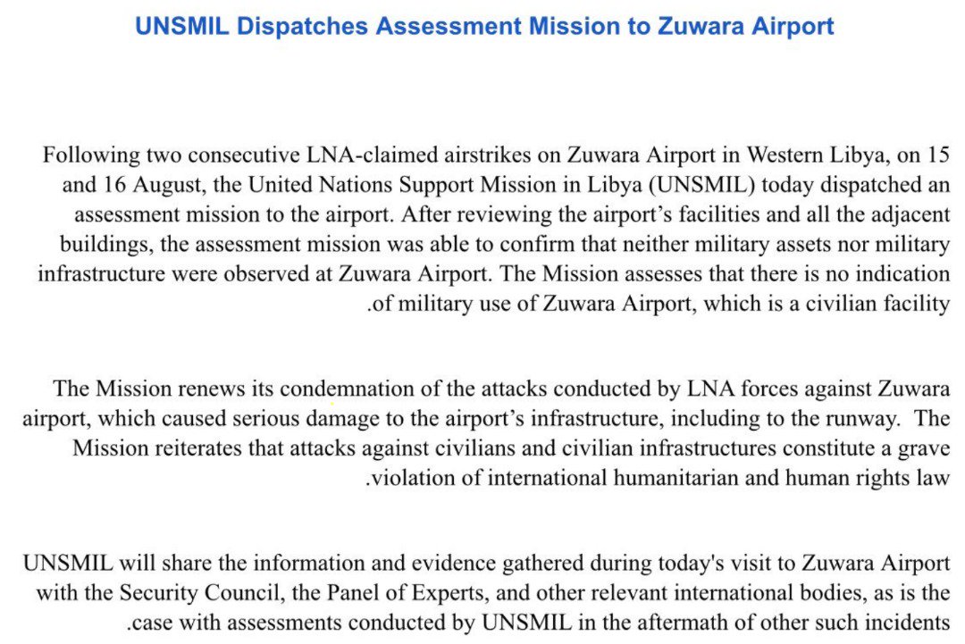 After dispatching an assessment mission to the coastal town, UNSMIL confirms it has found no indication of any military use at Zawara's airport despite the LNA bombing it twice under the pretext of housing drones