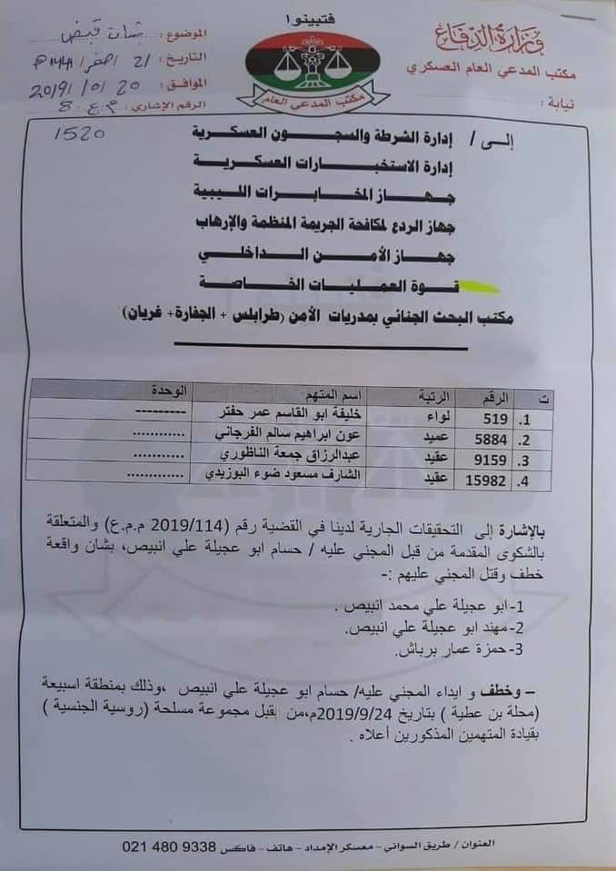 GNA issues arrest warrant for Haftar, Nadoori, Ferjani and Masoud Daou (LNA prominent commanders), based on complaints of abusing, abduction and killing of civilians by a Russian armed group in Espiaa (~30km south of Tripoli) on September 24