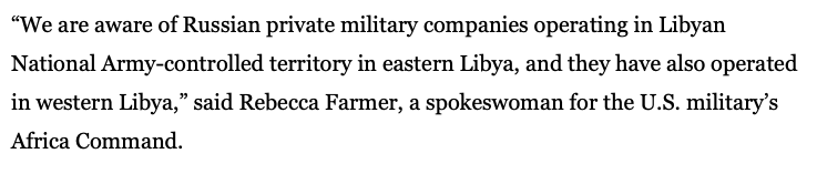 The @USAfricaCommand spokeswoman on Russian PMCs operating in LNA controlled areas. US officials increasingly focusing on the Russian role in Libya.