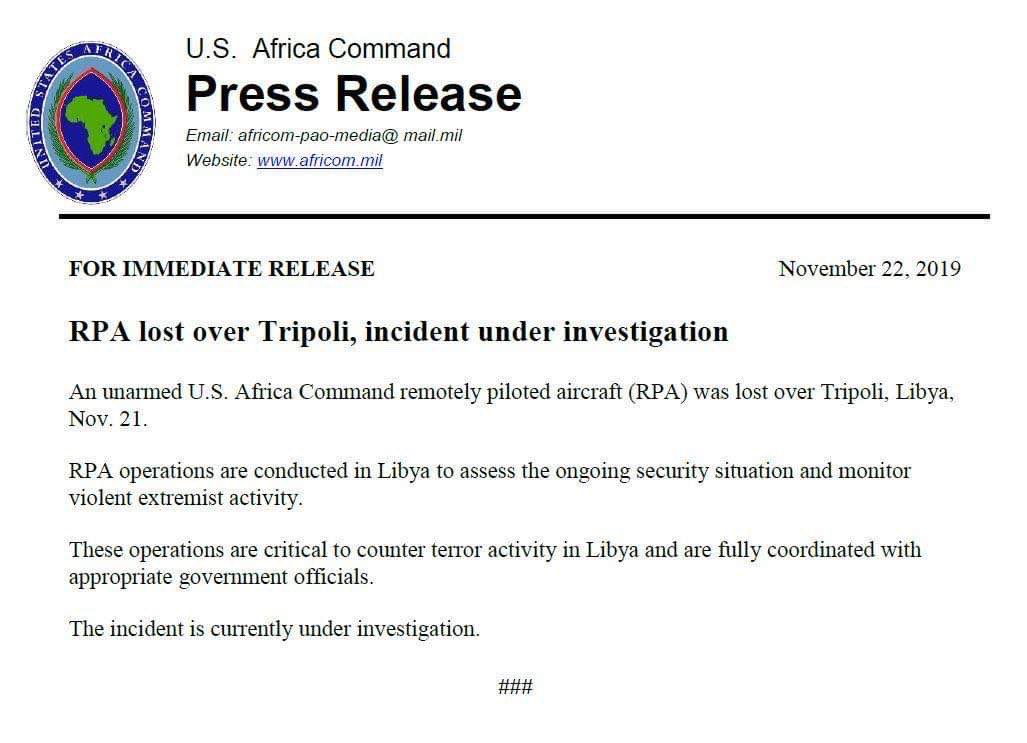 AFRICOM: On the 21st November, an unarmed RPA was lost over Libyan capital Tripoli.