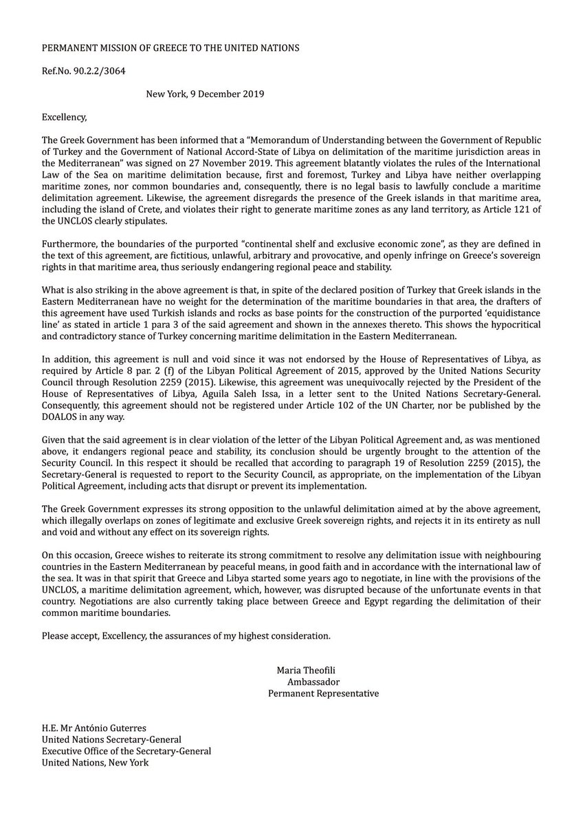 Greece letter to the UNSC outlining Athens' objections to the GNA / Turkey agreement