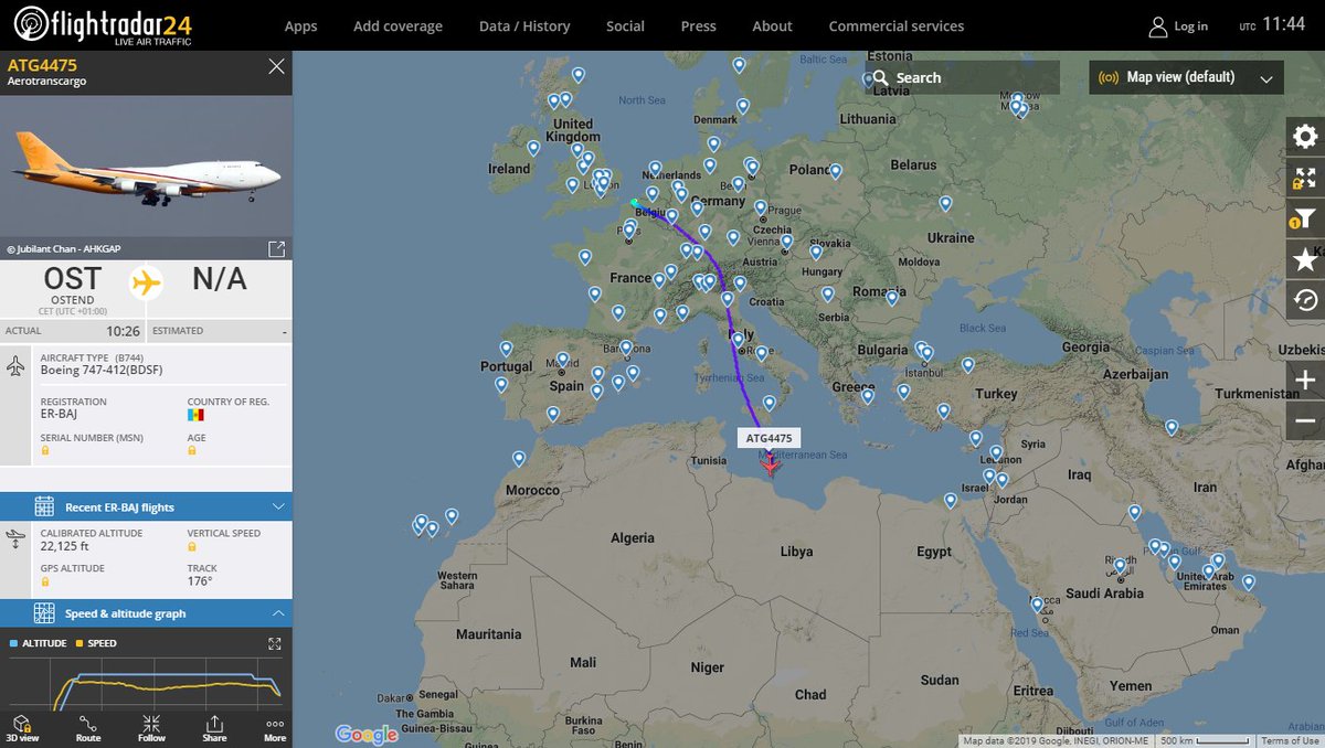 Aerotranscargo 747-412 ER-BAJ descending for Misrata Libya from Ostend