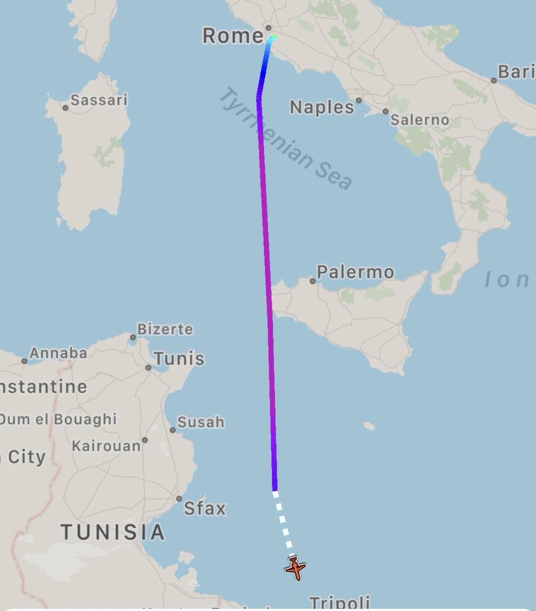 Italian Intelligence Falcon 900EX is flying from Rome Ciampino to Tripoli Mitiga. Landing now