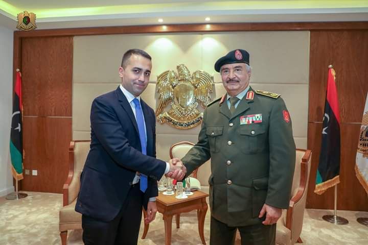 Part of the meeting of the Commander-in-Chief of the Libyan Arab Armed Forces at the headquarters of the General Command of the Armed Forces, with the Italian Minister of Foreign Affairs and his accompanying delegation for discussion on the latest developments in the political affairs and cooperation between the two countries in all fields, and the meeting was very positive