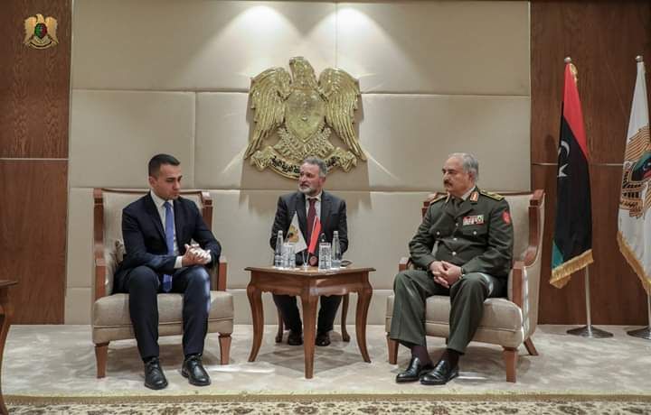 Part of the meeting of the Commander-in-Chief of the Libyan Arab Armed Forces at the headquarters of the General Command of the Armed Forces, with the Italian Minister of Foreign Affairs and his accompanying delegation for discussion on the latest developments in the political affairs and cooperation between the two countries in all fields, and the meeting was very positive