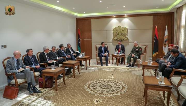 Part of the meeting of the Commander-in-Chief of the Libyan Arab Armed Forces at the headquarters of the General Command of the Armed Forces, with the Italian Minister of Foreign Affairs and his accompanying delegation for discussion on the latest developments in the political affairs and cooperation between the two countries in all fields, and the meeting was very positive