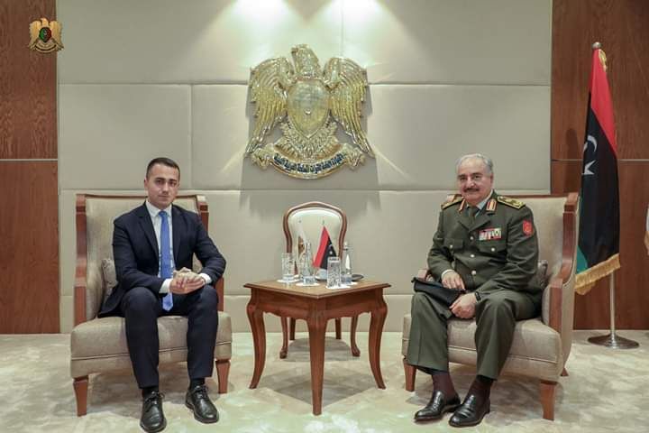 Part of the meeting of the Commander-in-Chief of the Libyan Arab Armed Forces at the headquarters of the General Command of the Armed Forces, with the Italian Minister of Foreign Affairs and his accompanying delegation for discussion on the latest developments in the political affairs and cooperation between the two countries in all fields, and the meeting was very positive