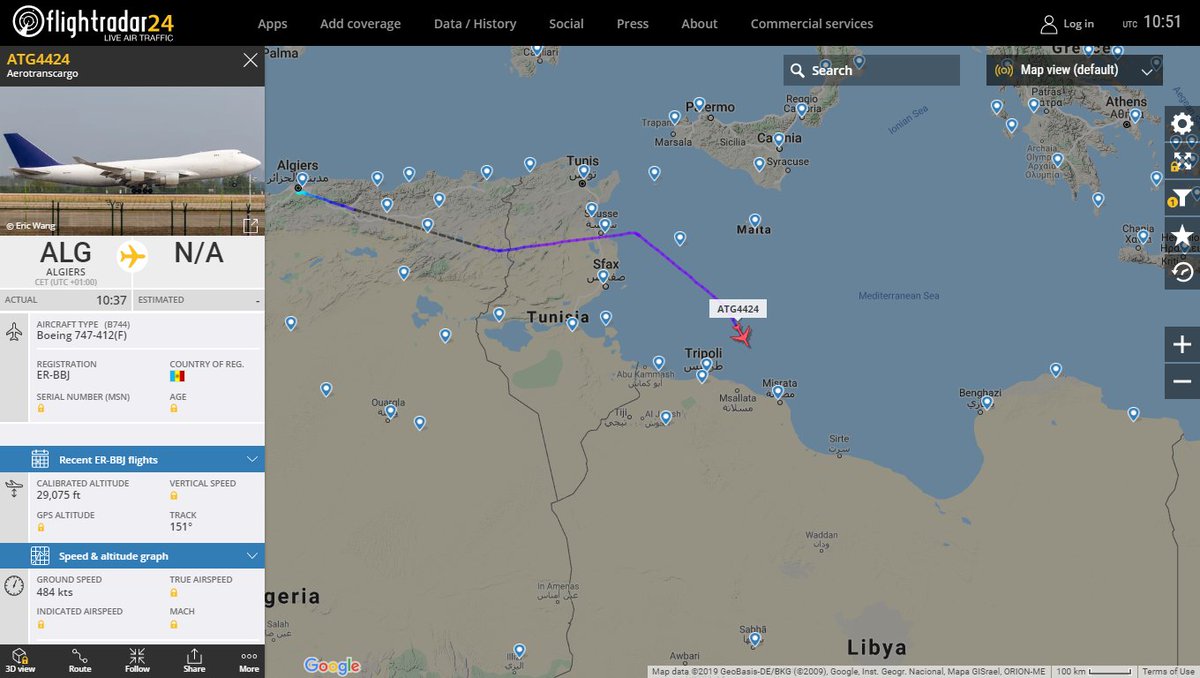 Aerotranscargo Boeing 747-412 ER-BBJ cargo aircraft from Algiers descending for Misurata Libya