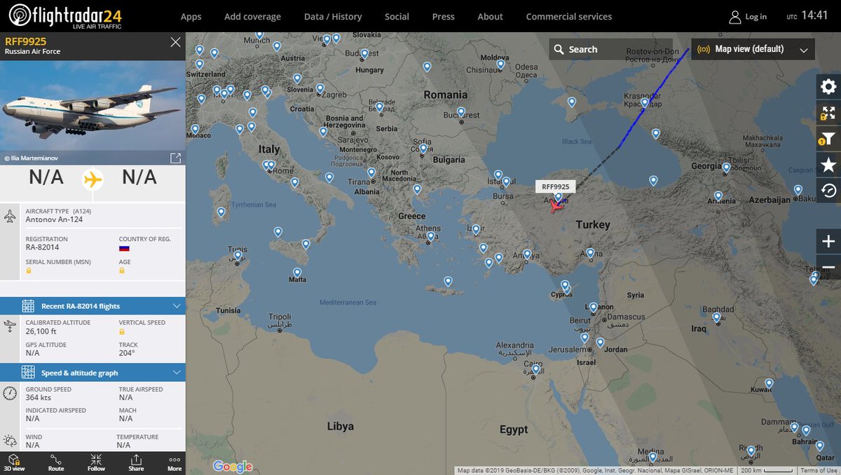 Russian Air Force Antonov An-124 RFF9925 currently heading South over Turkey