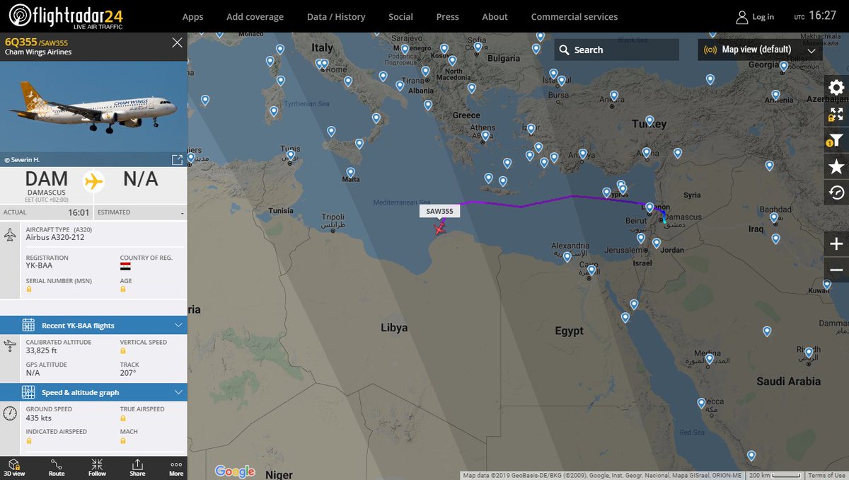 Interesting Cham Wings A320 from Damascus Syria currently descending for Benghazi Libya
