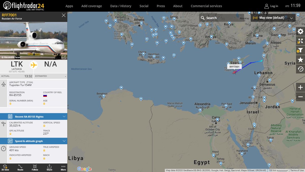 Russian Air Force Tupolev Tu-154M RFF7001 departed Latakia possible heading Libya