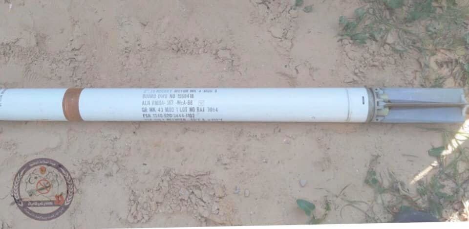 Interesting discovery by GNA near Zawiyah, a 2.75'' rocket motor.   This is interesting both in context of potential origin&location. This is not something local forces should employ on ground (like S-5) and no none-precision airstrikes by foreigners in area recently