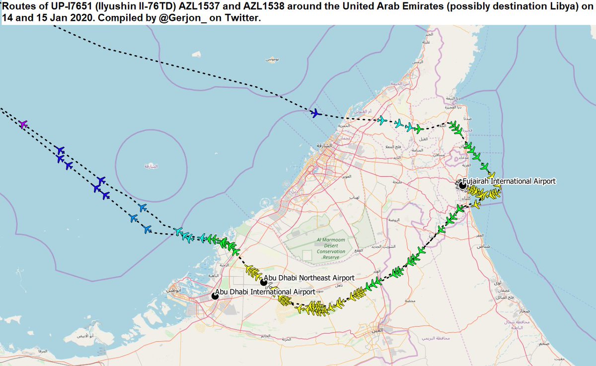 The flights of UP-I7651 (Il-76TD) today and yesterday. From Fujairah Int'l likely to Libya.  Abu Dhabi Northeast Airport, also called Sweihan Air Base, used by the UAE Armed Forces.  Ground time at Sweihan is only around an hour. Callsigns AZL1537 and AZL1538