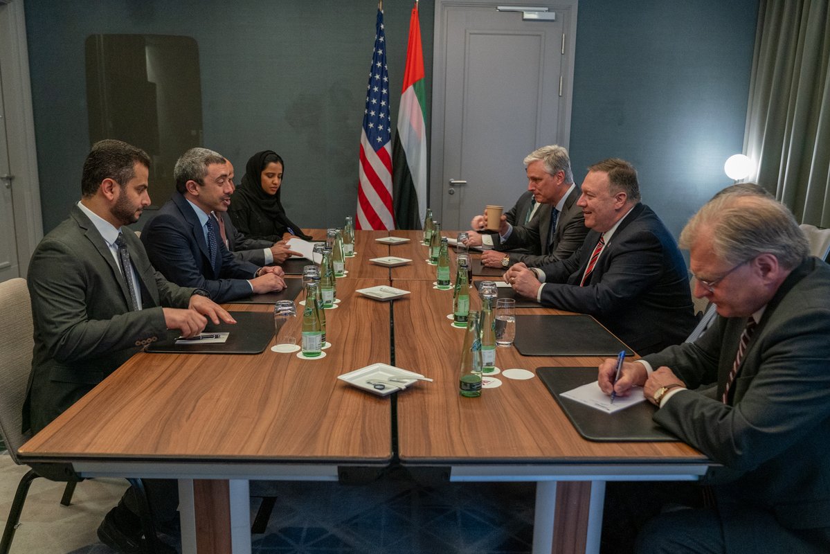 Pompeo: Productive discussion today with UAE's Foreign Minister @ABZayed in Berlin. I emphasized the need for a lasting ceasefire, a return to a @UN-facilitated, Libyan-led political process, and the end of all foreign intervention in Libya