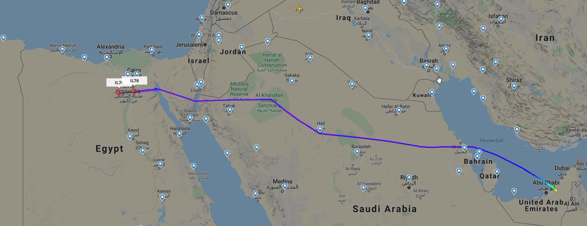 Screenshot from 05Feb2020 around 0645hrs UTC: two Ilyushin Il-76 freighters from Lapangan Air Base Abu Dhabi tracking south of Cairo heading west. No ID yet but presumably AZee Air aircraft for Benghazi Libya