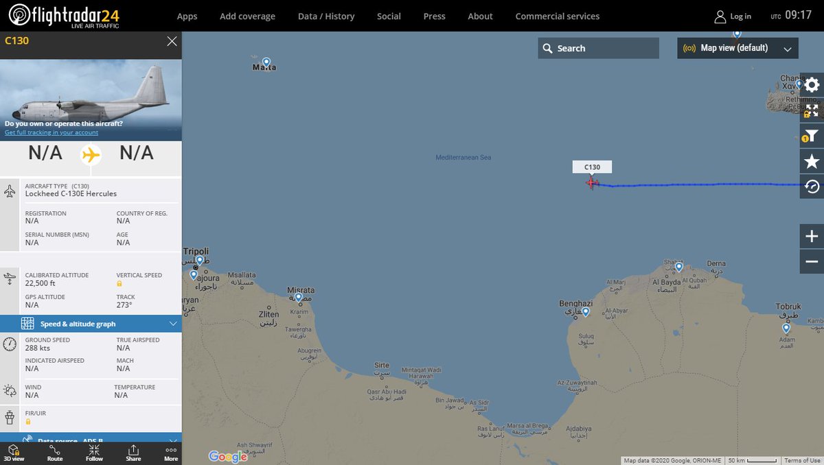 Turkish Lockheed C-130E Hercules heading west north to Libya