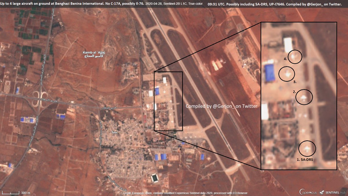 Once again full house at Libya Benghazi Benina International Airport, 08 May 2020. These may well be Ilyushin Il-76 freighters and *may.* be:  5A-DRS,   UR-CMD,  UP-I7651 and  UP-I7656.   (These 4 were recently pictured in Libya or last tracked flying into Libya.)