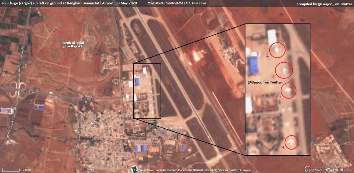 Once again full house at Libya Benghazi Benina International Airport, 08 May 2020. These may well be Ilyushin Il-76 freighters and *may.* be:  5A-DRS,   UR-CMD,  UP-I7651 and  UP-I7656.   (These 4 were recently pictured in Libya or last tracked flying into Libya.)