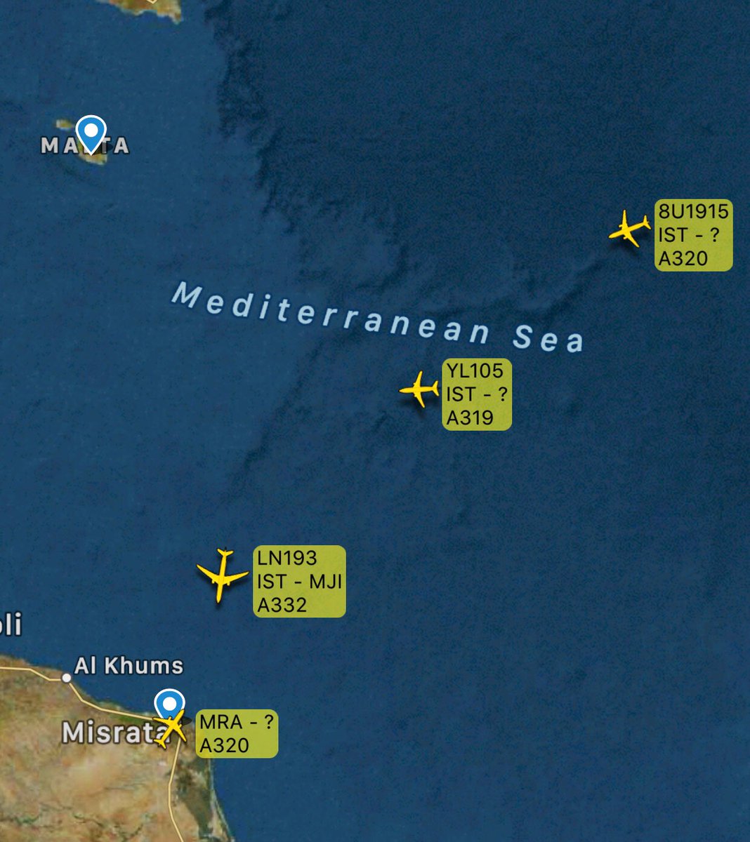 All three planes from new Istanbul Grand, (including the Tripoli-bound Libyan Wings) Libyan Wings A330 and A319 & Afriqiyah A320 are arriving to Misrata Libya