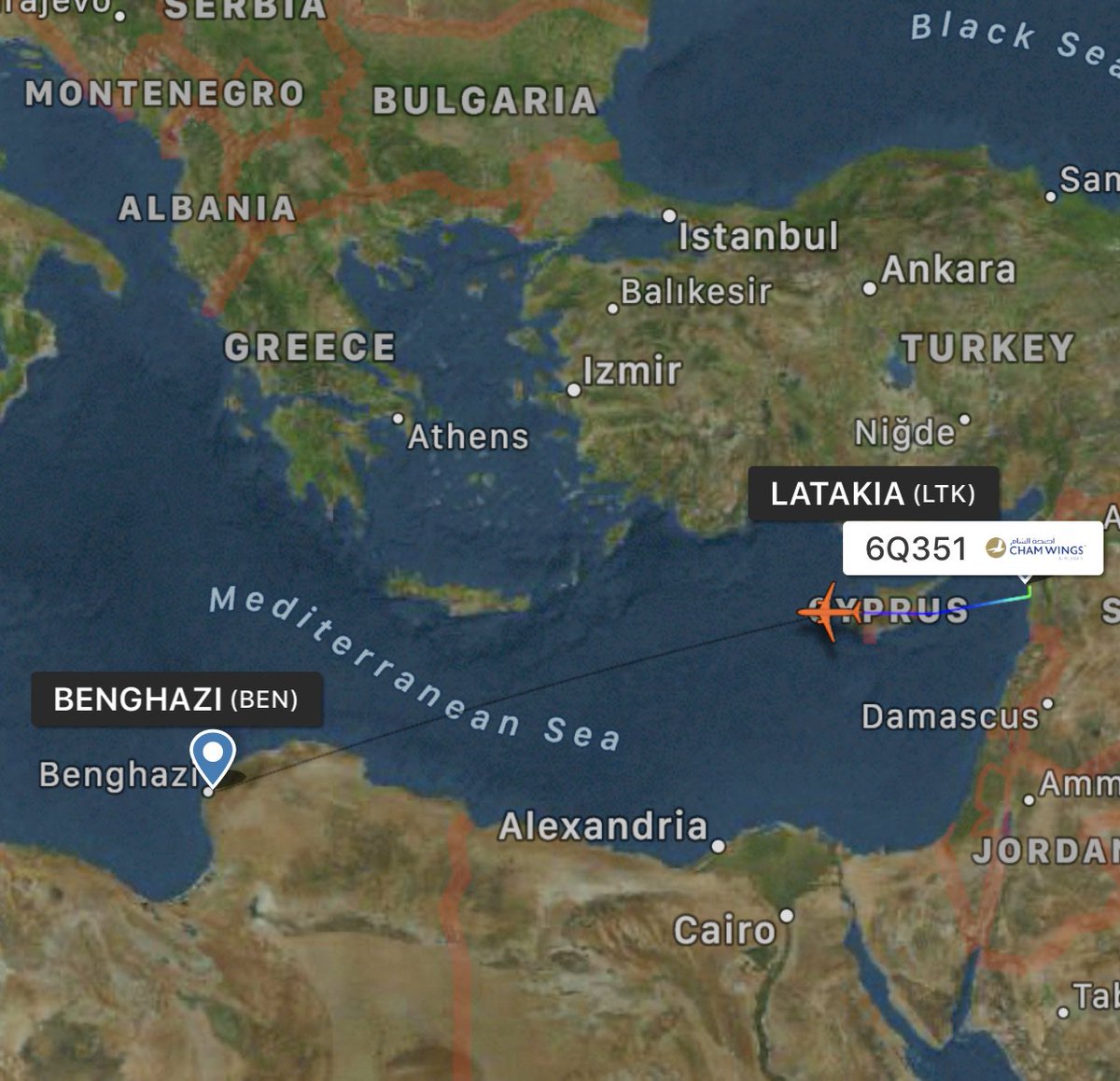 4th plane to Al Khadim AFB: OFAC/SDN sanctioned Syrian Cham Wings Airbus A320-212 YKBAA is flying from Latakia Bassel al-Assad or adjacent to civilian facility from RuAFB Humaymim Syria, allegedly to Beghazi Libya but likely to Al Khadim AFB, 100km east of Benghazi