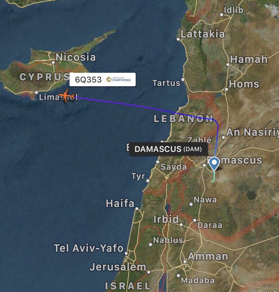 .@USTreasury OFAC/SDN sanctioned Syrian Cham Wings Airbus A320-212 YKBAG climbed out of Damascus Syria & is flying likely en route Benghazi or Al Khadim AFB in Al Marj Libya