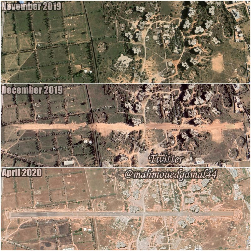 Satellite images confirmed that the GNA have completely built an airstrip & a hangar in the center of Banana project civil neighborhood south of Mitiga airport in Tripoli city.  The airstrip is presumably used for operating & housing the Turkish-Made Bayraktar TB2 UAVs