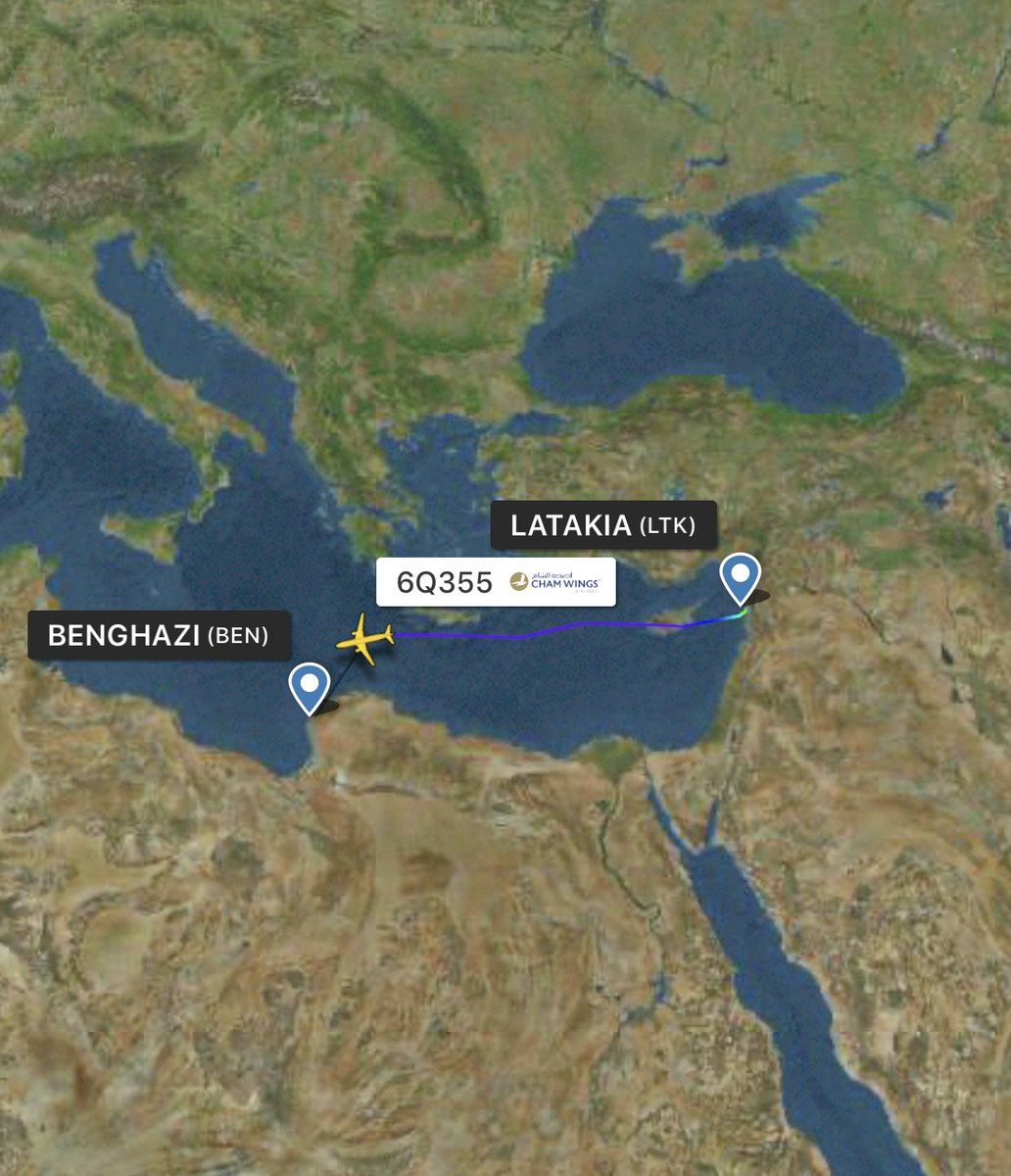 OFAC/SDN sanctioned Syrian Cham Wings Airbus A320-212 YKBAA is returning likely from Al-Khadim AFB Libya likely en route to Latakia Syria. Usually there is a second flight by the same equipment immediately following the first flight
