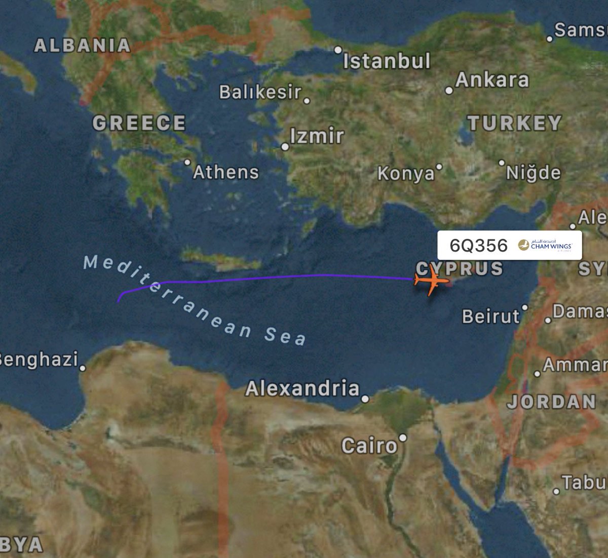 OFAC/SDN sanctioned Syrian Cham Wings Airbus A320-212 YKBAA is returning likely from Al-Khadim AFB Libya likely en route to Latakia Syria. Usually there is a second flight by the same equipment immediately following the first flight