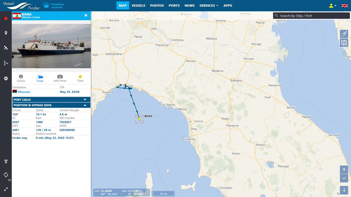May 22nd, 2020: ship Bana, docked in NE Italy's Genova since early 2020 on allegations of smuggling weapons from Turkey, is back to sea, Italian journalists report quoting tracking website