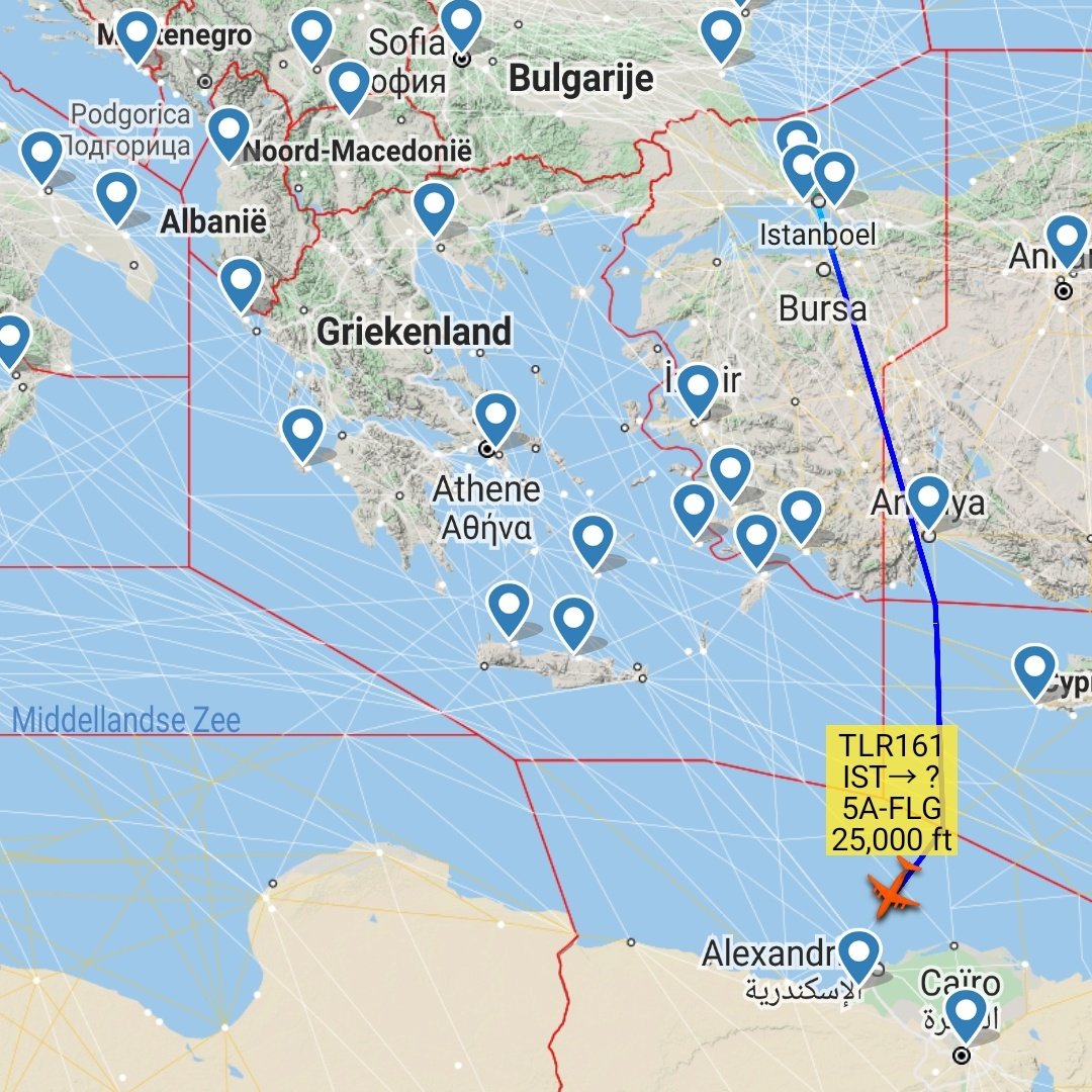 Air Libya's 5A-FLG is returning from a visit to Istanbul earlier today. Origin was Benghazi. TLR160 TLR161
