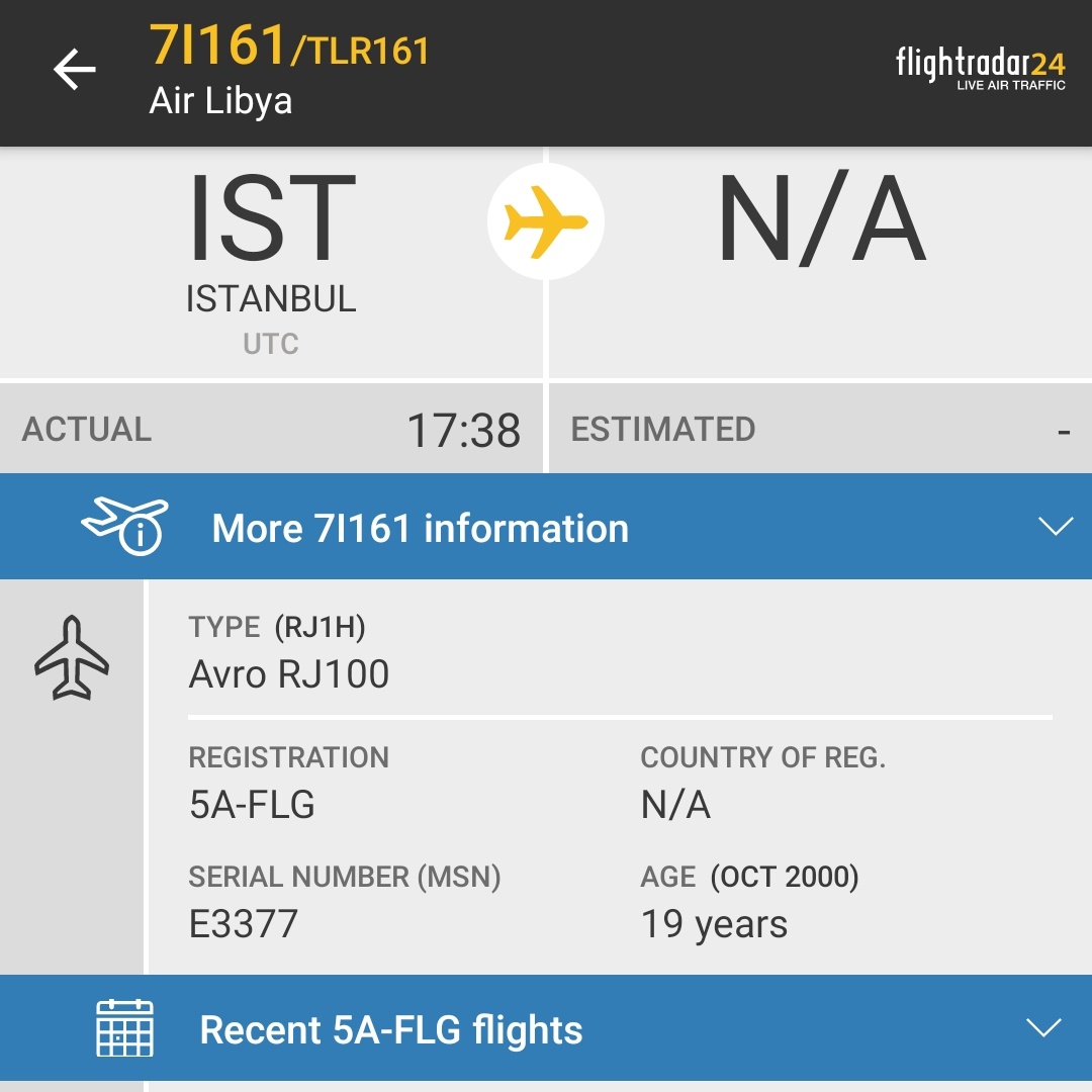 Air Libya's 5A-FLG is returning from a visit to Istanbul earlier today. Origin was Benghazi. TLR160 TLR161