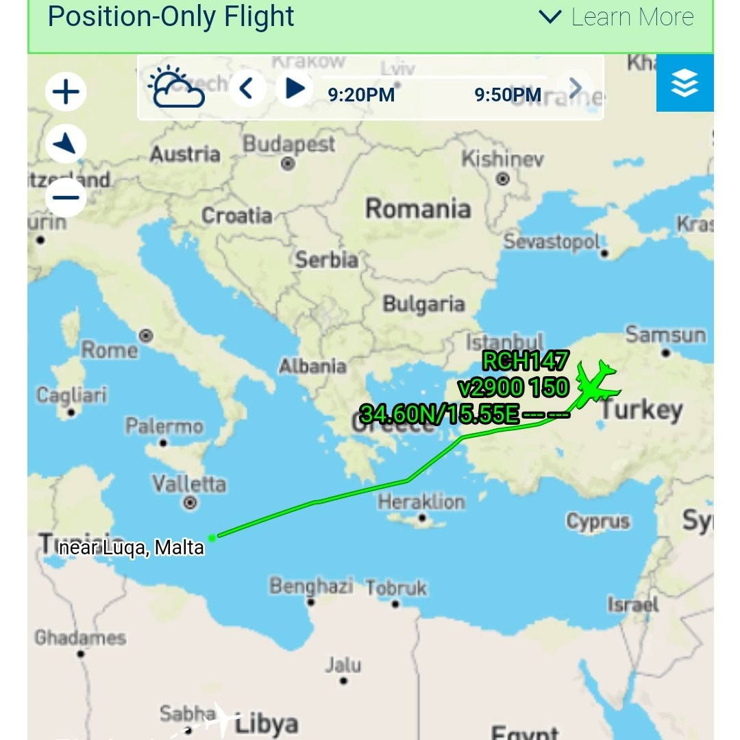 The aircraft (a United States Air Force C-17A Globemaster, 10-0215 as RCH147) from Libya appears to have landed at Ankara, Turkey